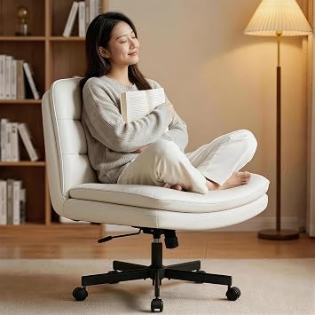 GTPLAYER Cross Legged Office Chair, Armless Desk Chair Cute Vanity Chair with Wheels Computer Chair Comfy Wide Office Chair Adjustable Swivel for Home Computer Task,Pu Leather Beige