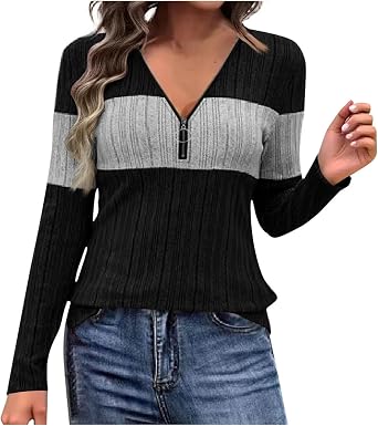 Trendy Fall Ribbed Sweater for Women Half Zipper V Neck Color Block Long Sleeve Stretchy Casual Pullover Tops 2025