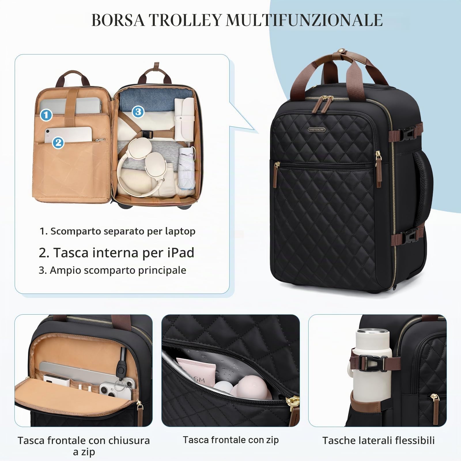 Zaino Trolley PC 17'' Uomo Donna 35L Impermeabile Laptop Backpack Unisex Bagaglio a Mano Viaggio Ufficio,Nero
