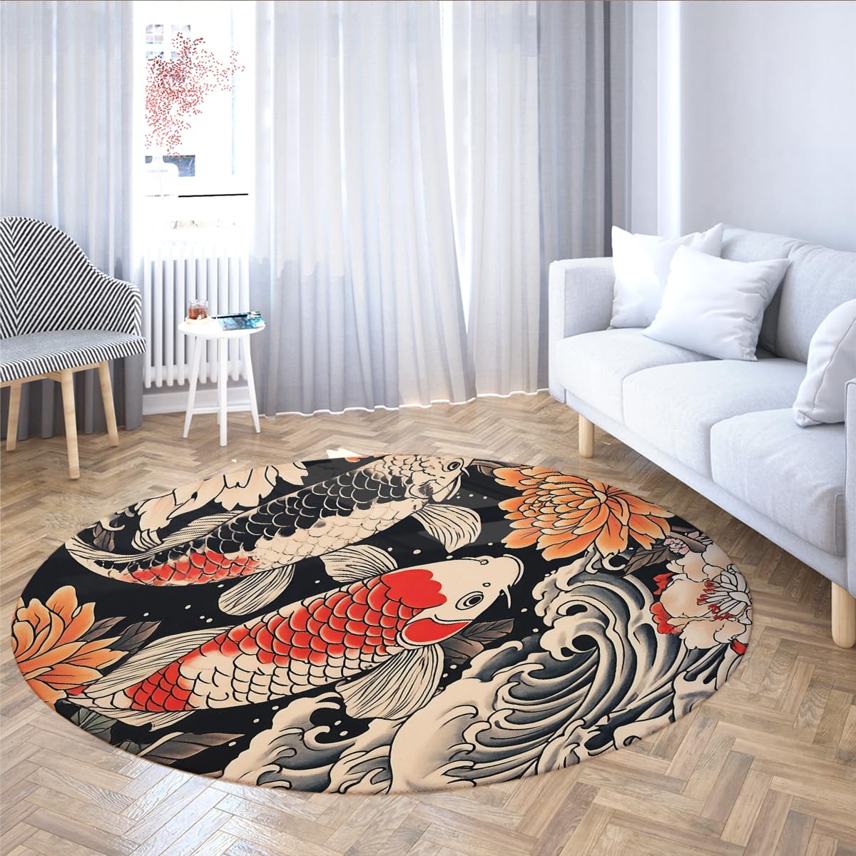 Japoński Koi Ryby Okrągły Dywan 160cm Duży Dywan 160cm Rug