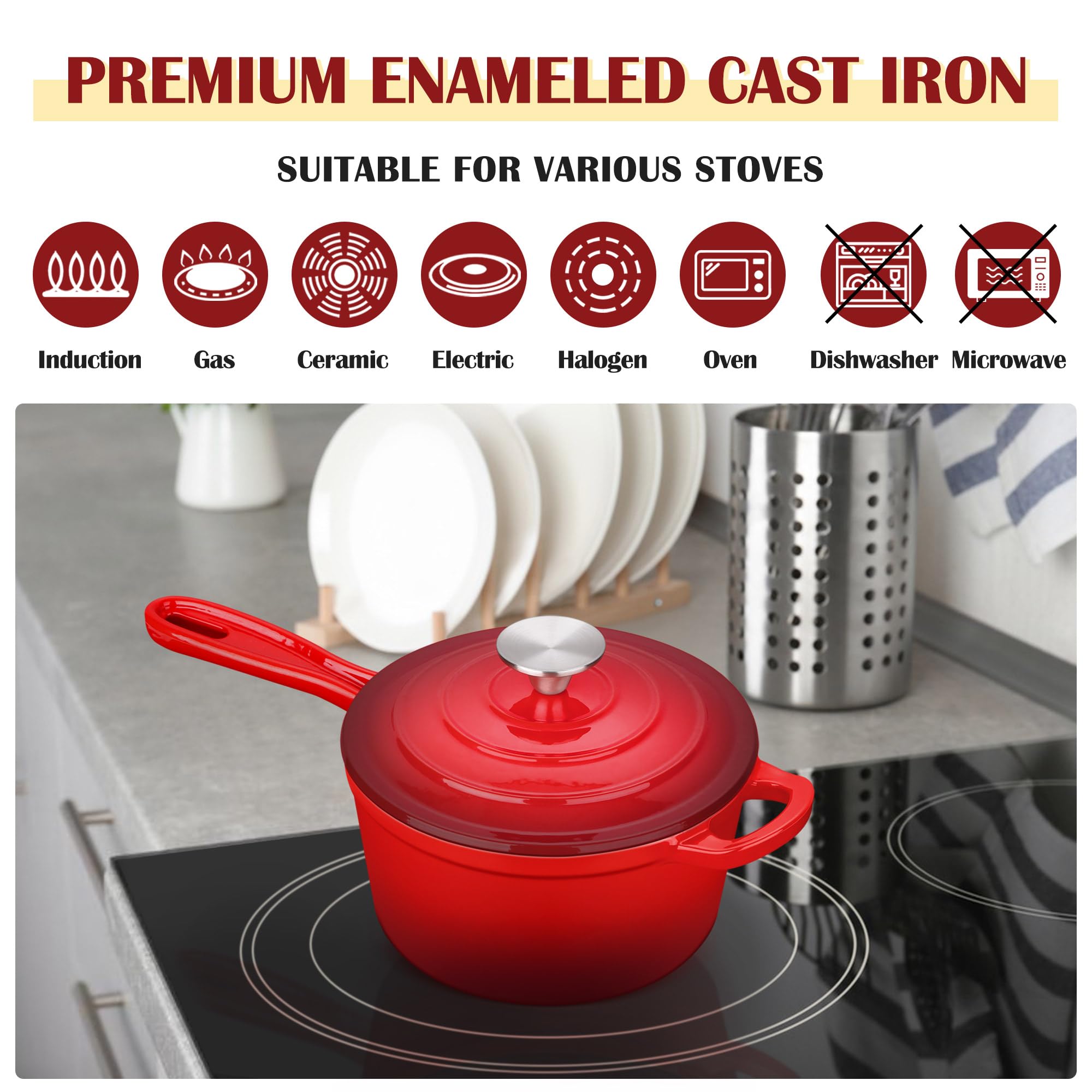 E-far Emaillierte Gusseisen-Saucenpfanne mit Deckel, 1 Quart Dutch Oven Stielkasserolle, Mini-Saucentopf zum Kochen, Kochen, Gesund & Ungiftig, Induktion & Ofenfest, Rot