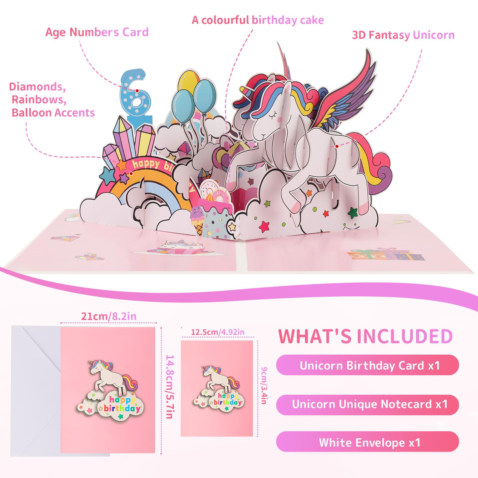 Biglietto di auguri di compleanno unicorno arcobaleno per 6 anni / Biglietto per bambina di 6 anni / 6° compleanno / Sesto compleanno carino / figlia, nipote, nipote - Italia
