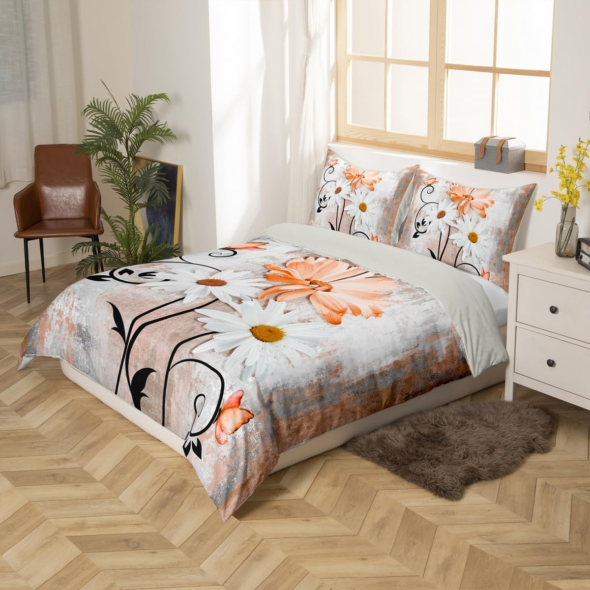 Erosebridal Orange Grey Bedding Set Rustic Flowers Comforter Cover King,Farmhouse Country Daisy Duvet Cover for Kids Girls Women,Vintage Oil Painting Bed Set Modern Abstract Ombre Room Decor