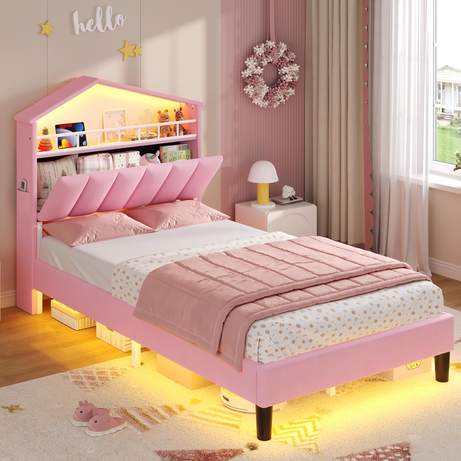 Adorneve Twin Girls Bed Frame With Led Lights Princess Velvet