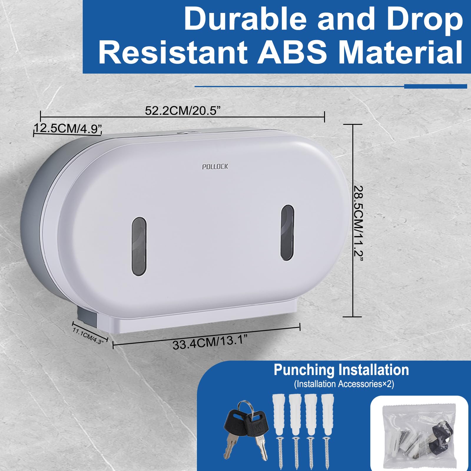 Pollock Dispensador de Doble Rollo de Papel Higiénico Jumbo, Capacidad Extragrande, Sin Agujeros, Blanco