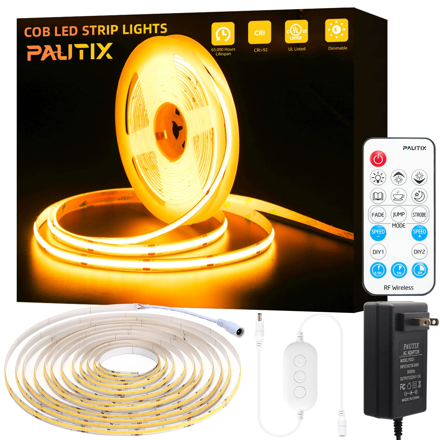 PAUTIXCOB LED Strip Light 2000K Warm White,3087LEDs DC24V Dimmable LED Strip Light 20ft/6.1m,High Lumen Tape Light Kit with RF Remote Timer Function and 48W Power Supply for Home,Kitchen DIY Lighting