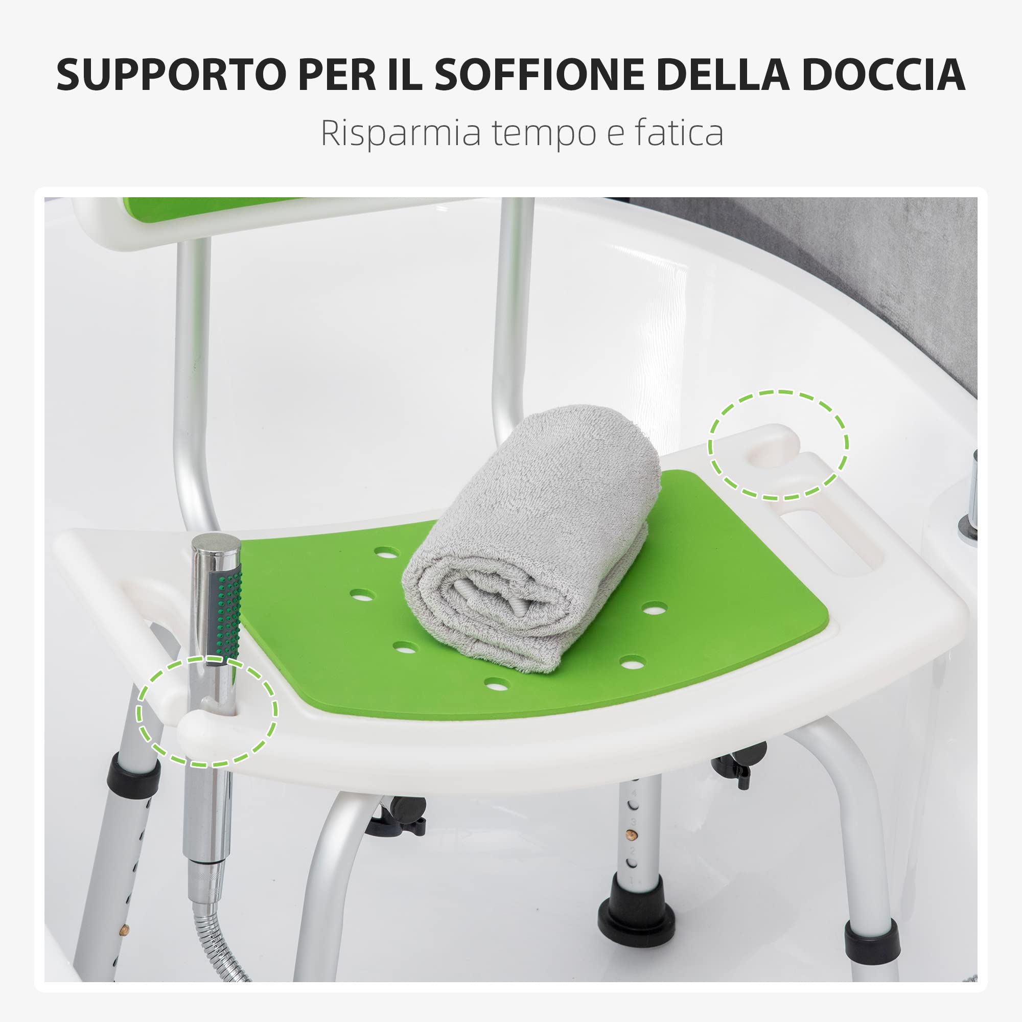 HOMCOM Sedia per Doccia in Alluminio ed EVA con Altezza Regolabile su 6 Livelli e Schienale Ricurvo, 51.5x49.5x68.5-81 cm, Verde e Bianco