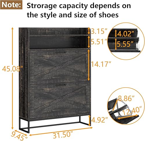 Miniatura 2 de Armario de zapatos, armario de almacenamiento de zapatos independiente con 2 cajones abatibles, zapatero de entrada con compartimento superior de
