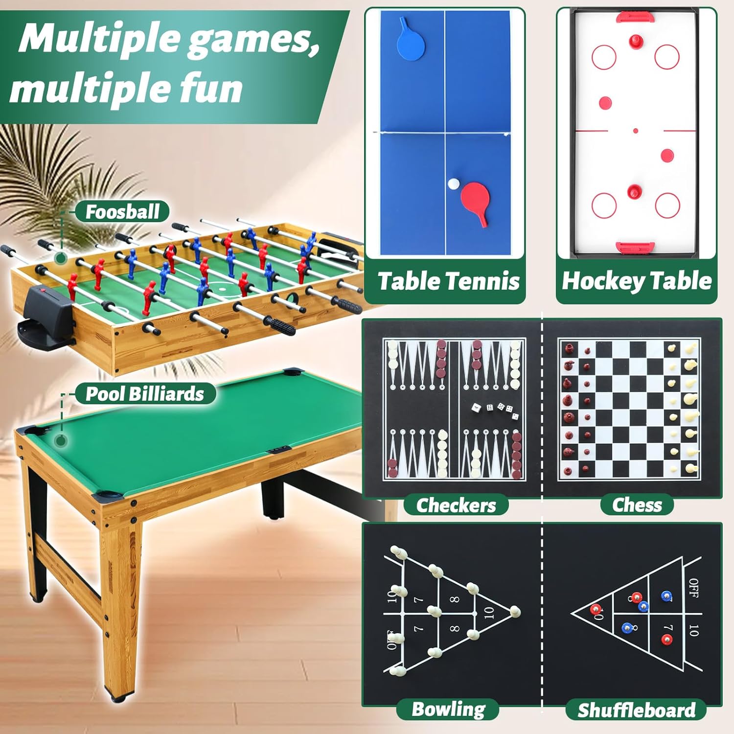 8-in-1 Combo Game Table Set for Home, Game Room, Friends & Family w/Hockey, Foosball, Pool, Shuffleboard, Ping Pong, Chess, Bowling, and Backgammon