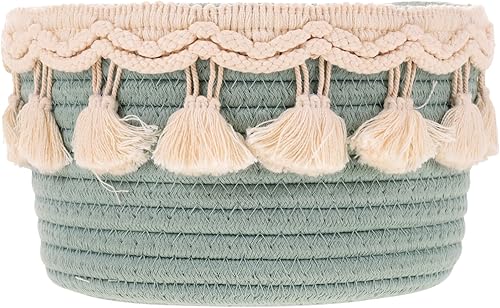 Zerodeko Cesta de almacenamiento tejida pequeña decorativa de cuerda de algodón con bola de borlas, cesta de almacenamiento tejida para mantas,