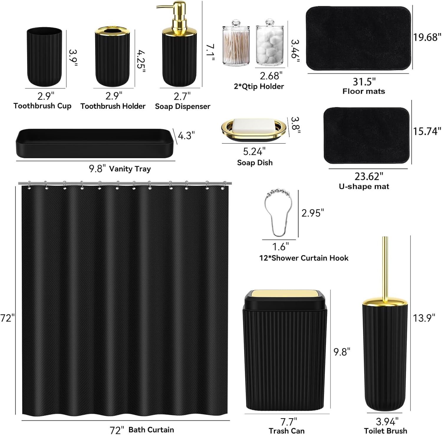 24 PCS Black Bathroom Accessories Set with Shower Curtain and Rugs, Bathroom Sets with Extra Soft and Absorbent Bath Rugs Shower Curtain Black Bathroom Sets for Bath