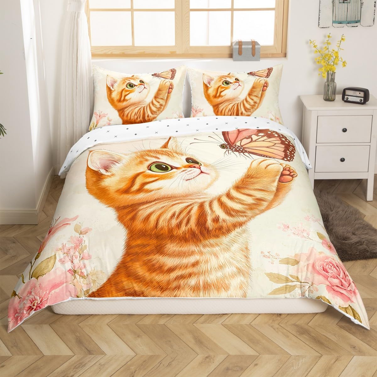 jejeloiu Cat Bedding Set for Kids Boys Girls Butterfly Comforter Cover Set Toddler Size Cute Kitten Duvet Cover Kawaii Animal Bedspread Cover Cat Lover's Gift Bedding Collection 2Pcs