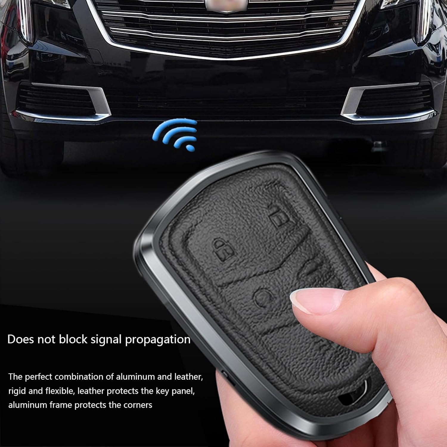 Lanyun Key fob Cover Keychain Compatible with Cadillac Escalade ATS CTS STS SRX XT5 CT6 Accessories Car Key Chain Remote Case Shell Protector 5 Button Leather and Aluminum Frame Type A