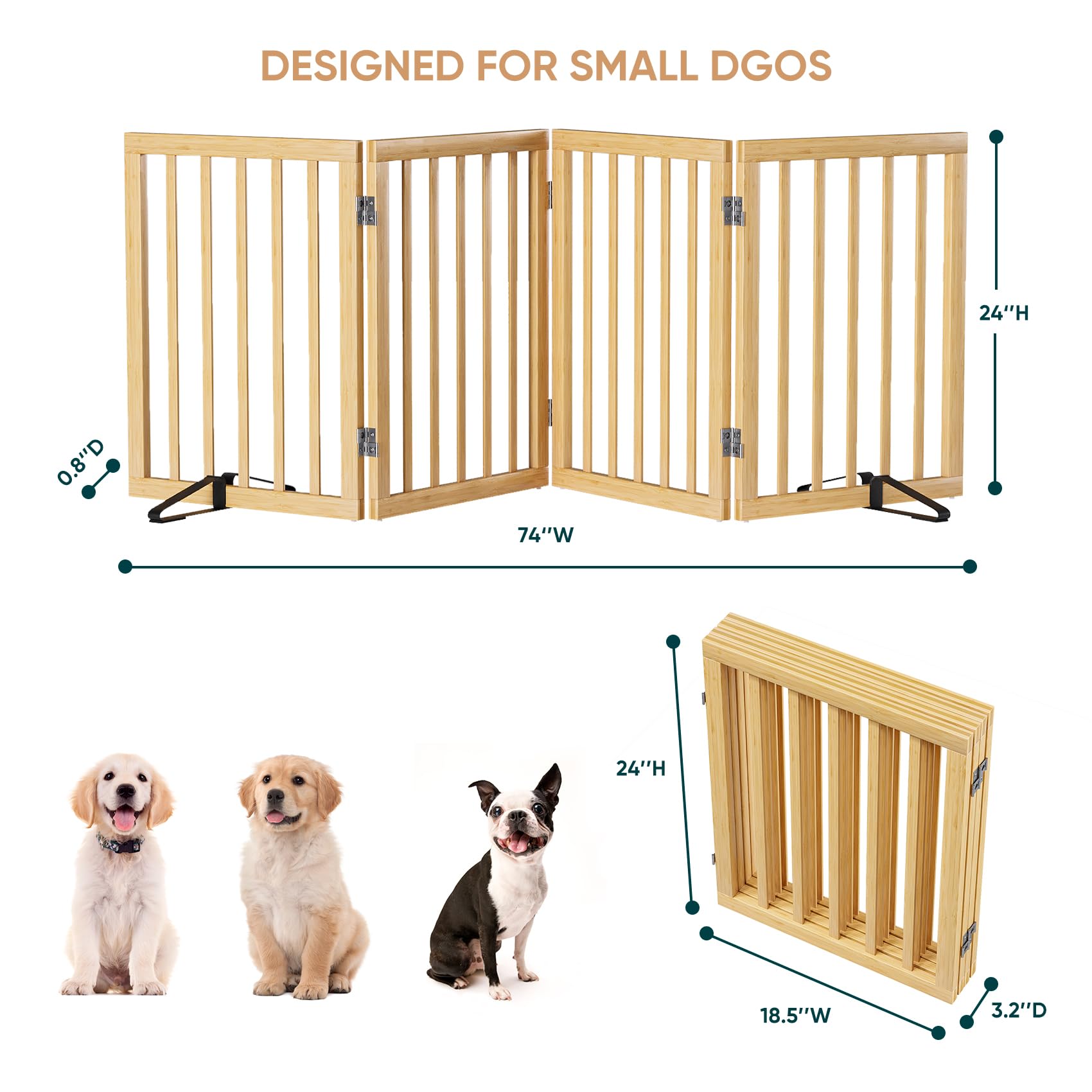 Semiocthome Freestanding Dog Gates and Barriers Indoor, Pet Gates for Doorways and Stairs, 60cm (H) - 4 Panels Puppy Gate with 2 Metals Stands, Adjustable Safety Fence Fit Up to 188cm - Natural — view 5