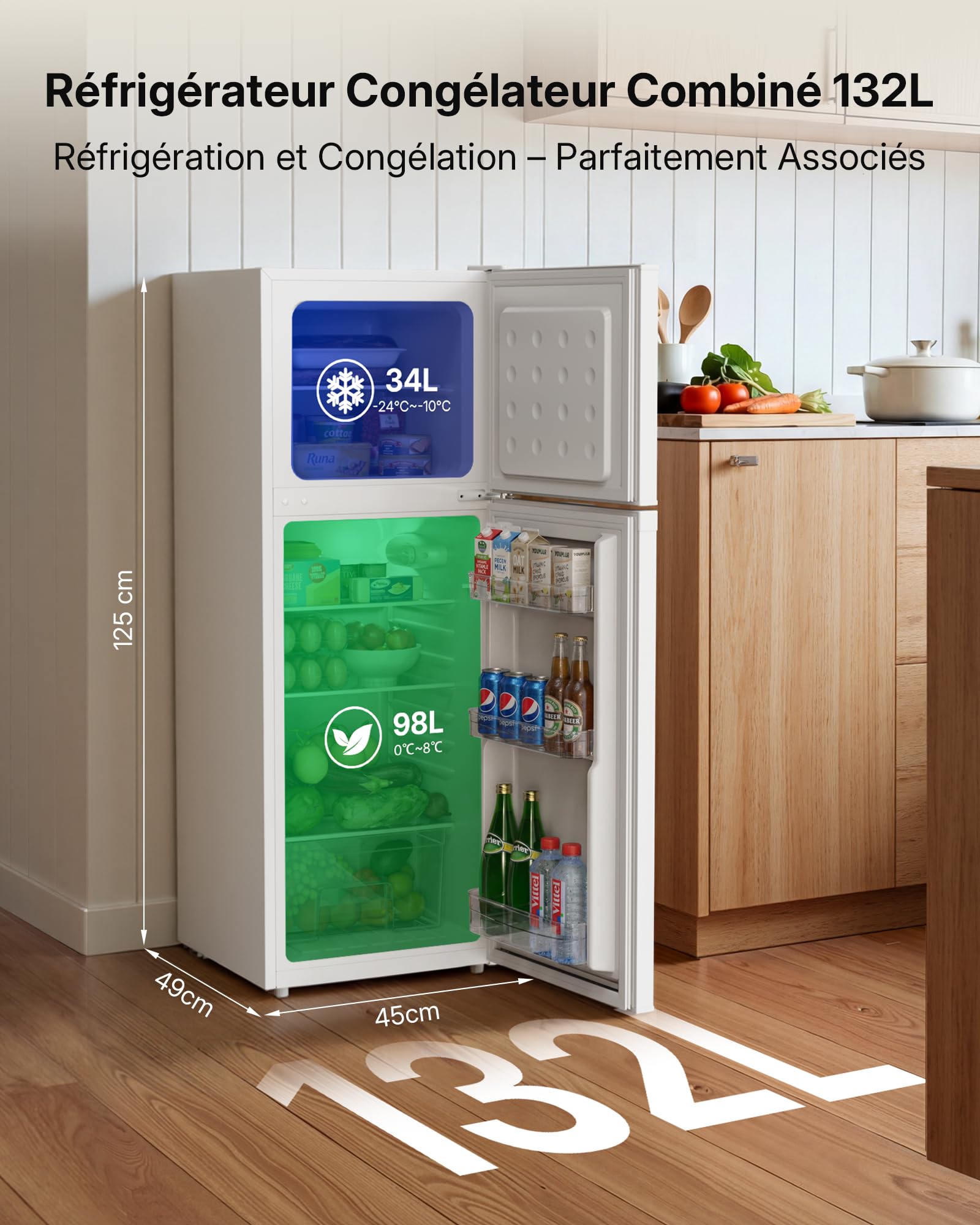 Upstreman Frigo Congélateur Combiné Indépendant 132L (98L Réfrigération + 34L Congélation), 7 Niveaux de Température, Refroidissement rapide, Frigo Blanc pour Studio, Appartement et Bureau, TM132