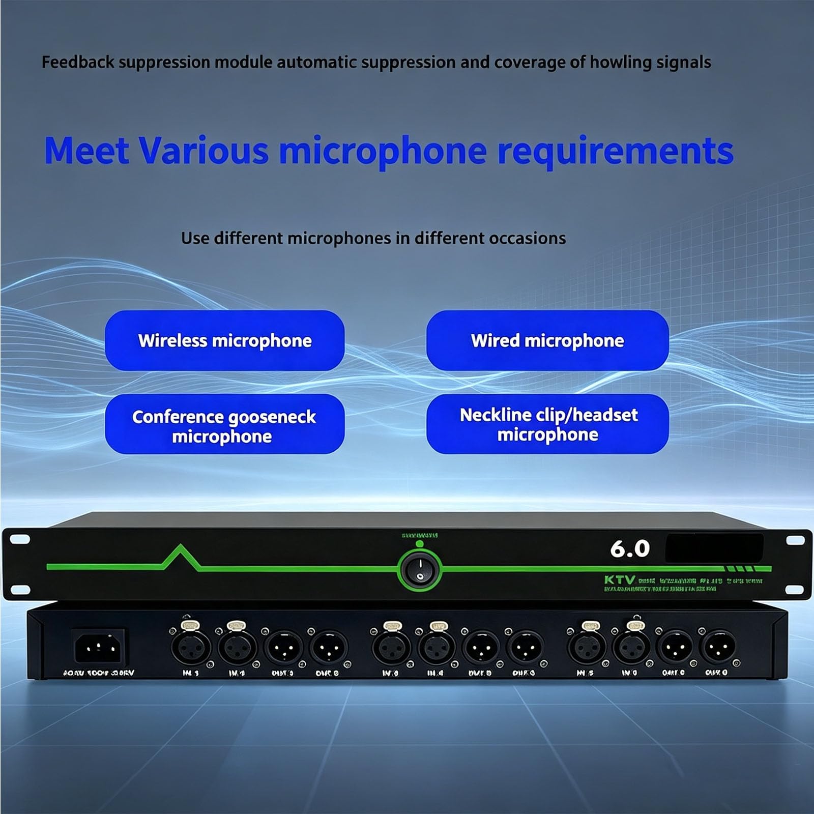Soppressore Di Feedback Professionale, 6 Ingressi E 6 Uscite Per Microfono, Eliminatore Di Feedback Anti-fischio Con Traslatore Di Frequenza Digitale, Controllo Del Livello Di Ritenzione Ad Alta
