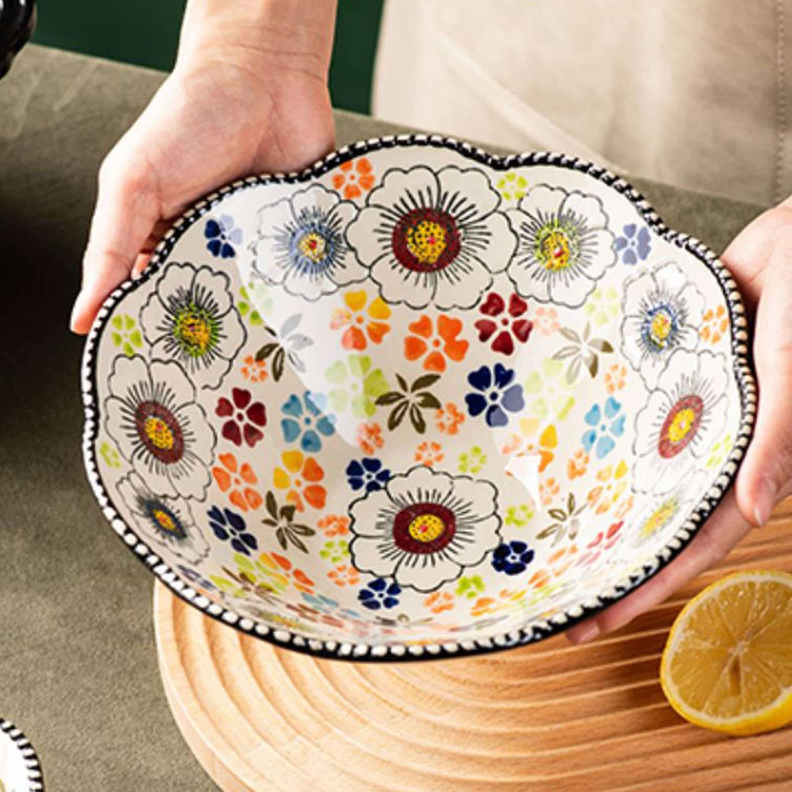Keramik-Nudelschale, Keramik-Instant-Nudelschüssel, Ramen-Schüssel 2er-Set, Keramik-Ramen-Schüssel, große Suppenschüsseln-Blau und Blumen-8 Zoll(Yellow)