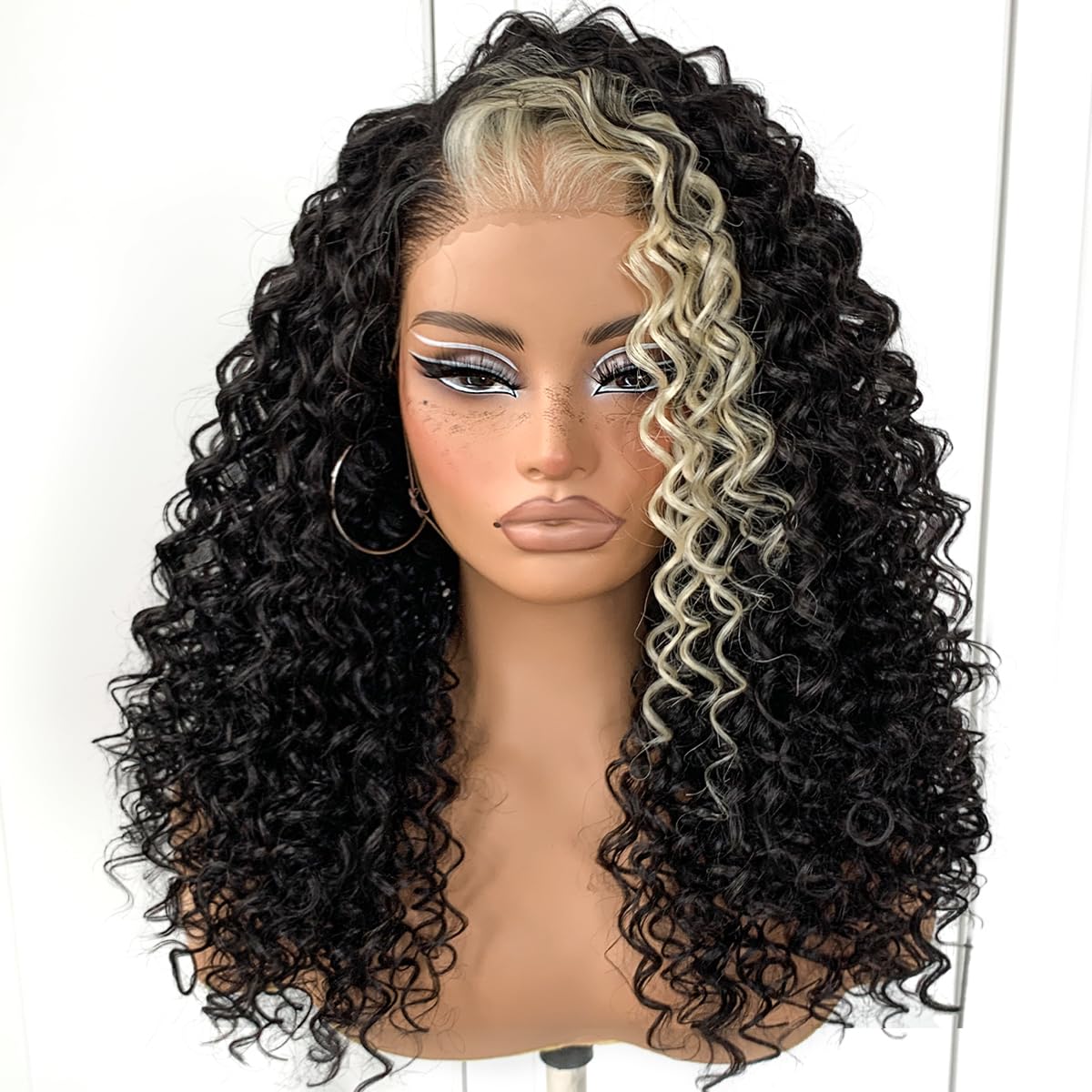 13x6 Skunk Stripe Curly Wig Wear And Go Glueless Synthetic HD Lace Front Afro Wig Pre-Plucked Pre-Cut Afro Curly Layered Wig