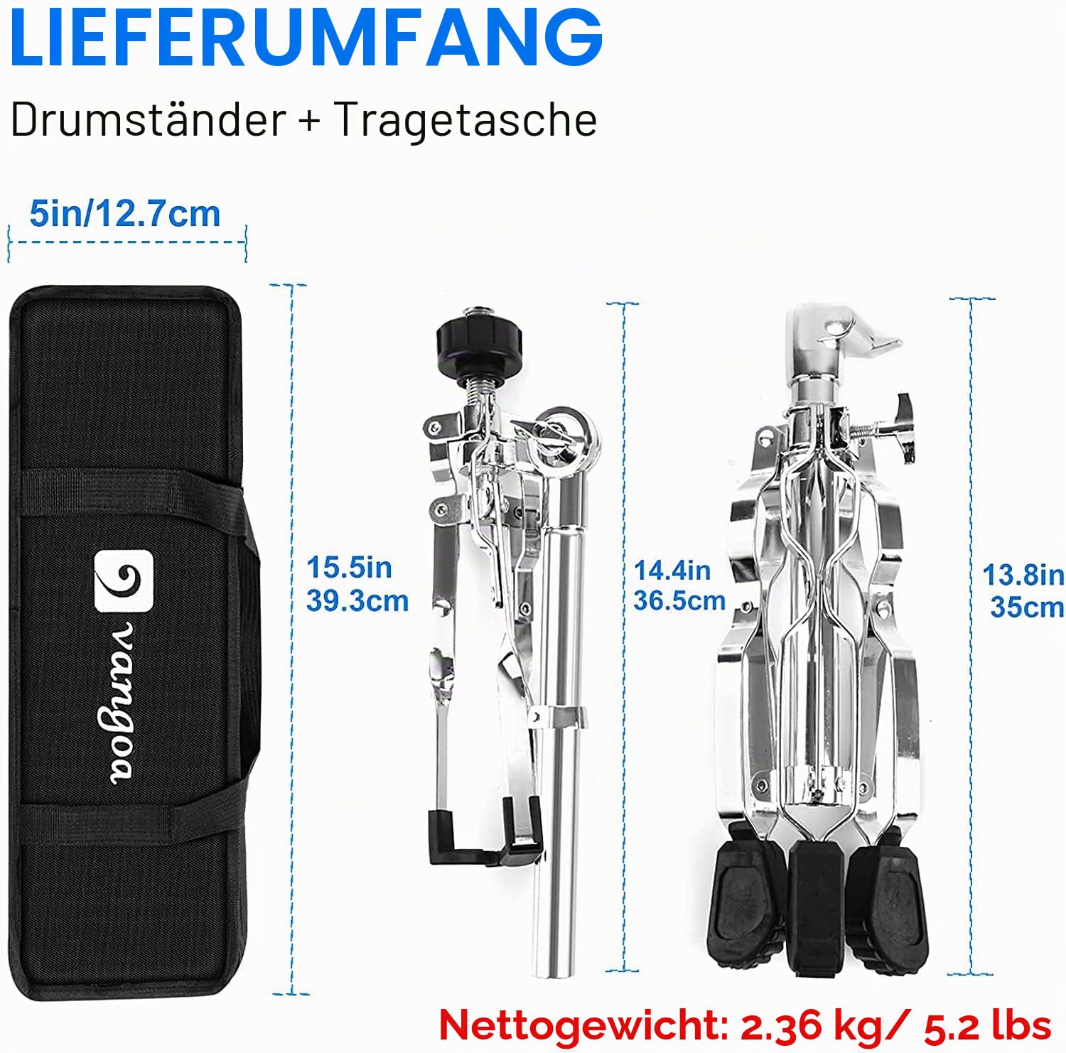 Vangoa Snare-Ständer, Snare Stand, Höhe Einstellbar 46 65cm,Handpan ständer mit TragetascheBreite,Stufenlose höhen neigungsverstellung,Doppelstrebig Stativ, Gummifüße