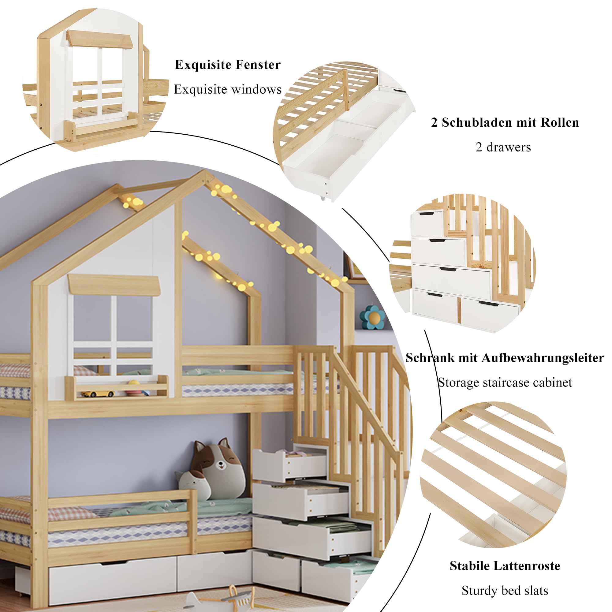 Etagenbett Kinderbett 90x200 cm, Hochbett mit Stauraum Treppe & Mehrere Schubladen, Holzbett Jugendbett mit Fenster, Handläufen Sicherheitsleiter & Rausfallschutz, Weiß+Natur, ohne Matratze