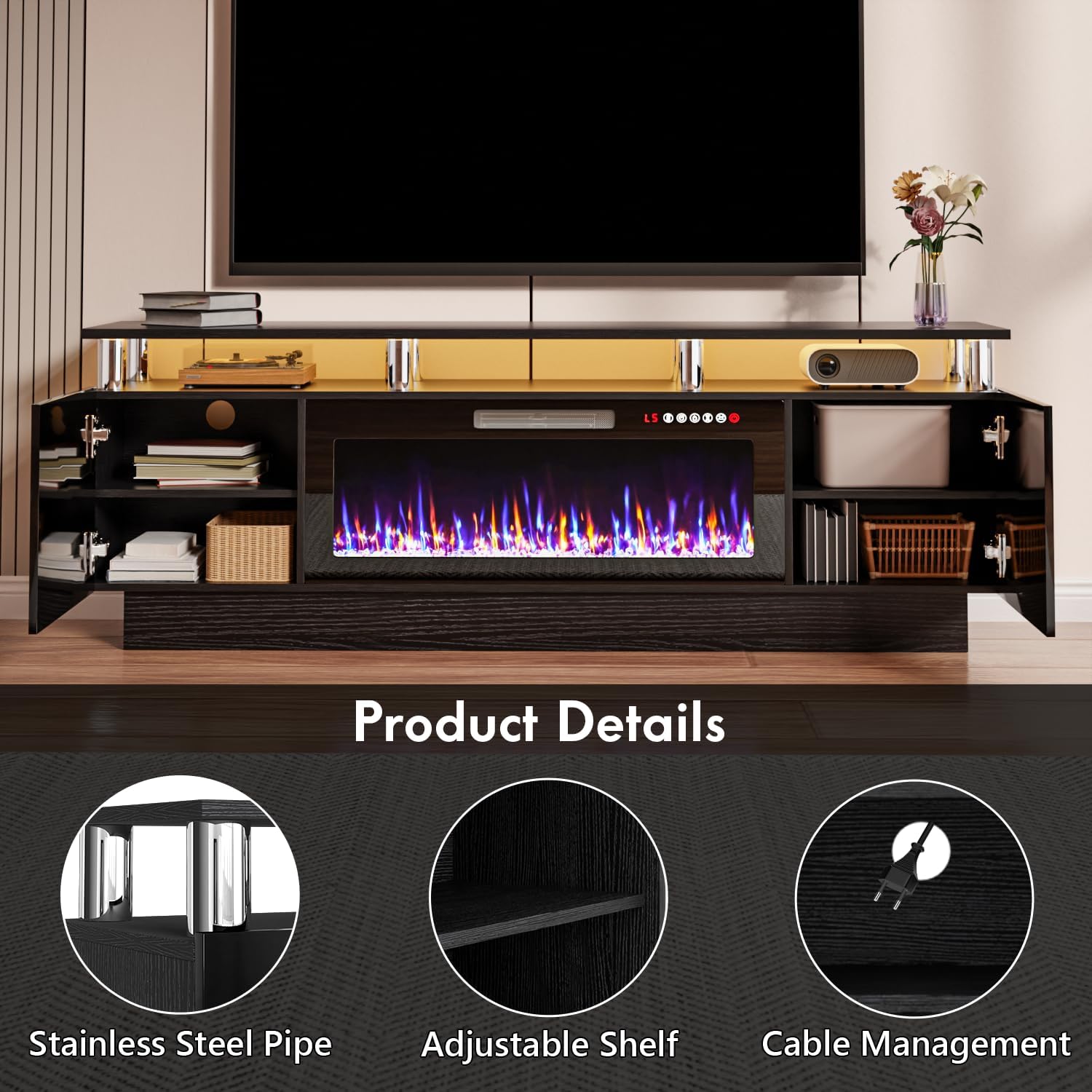 TAVATA 70" Fireplace TV Stand with 36" Fireplace for TVs up to 80", Modern Wooden Entertainment Center with LED Lights for Living Room Bedroom, High Gloss TV Console Cabinet with Open Shelf, Black
