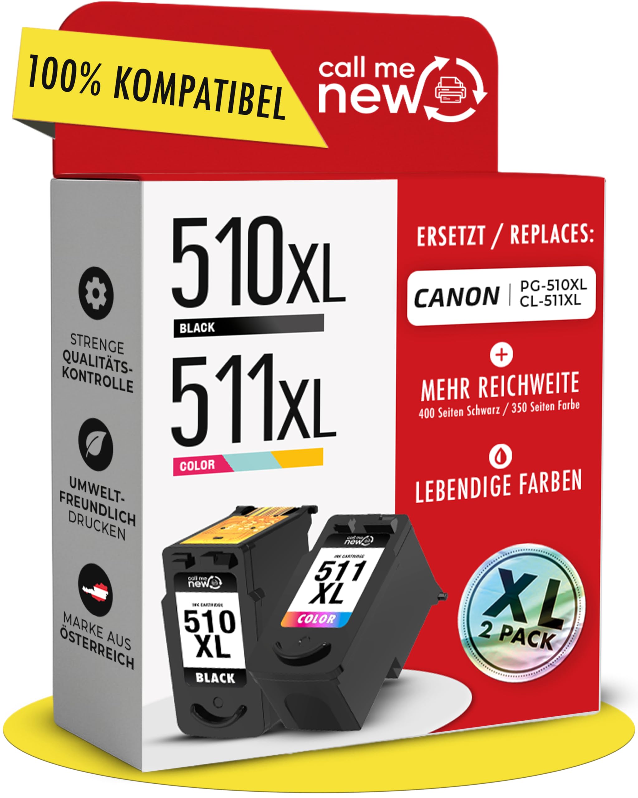 Lot de 2 cartouches d'encre 510XL et 511XL compatibles avec les cartouches d'encre Canon 510 511 (PG-510 noir et couleur CL-511) – Portée XL, puce intelligente de rechange pour Canon 510 511