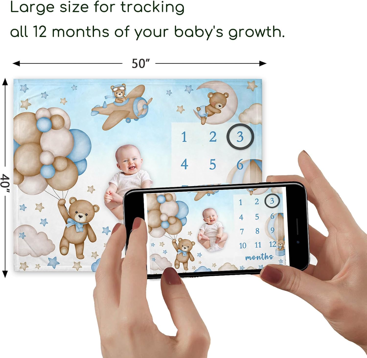 Yuzioey Bear Milestone Blanket for Boy, Blue Bear Balloons Baby Growth Chart Monthly Blanket, Watch Me Grow Boy Baby Nursery for New Moms Shower(50"x40")