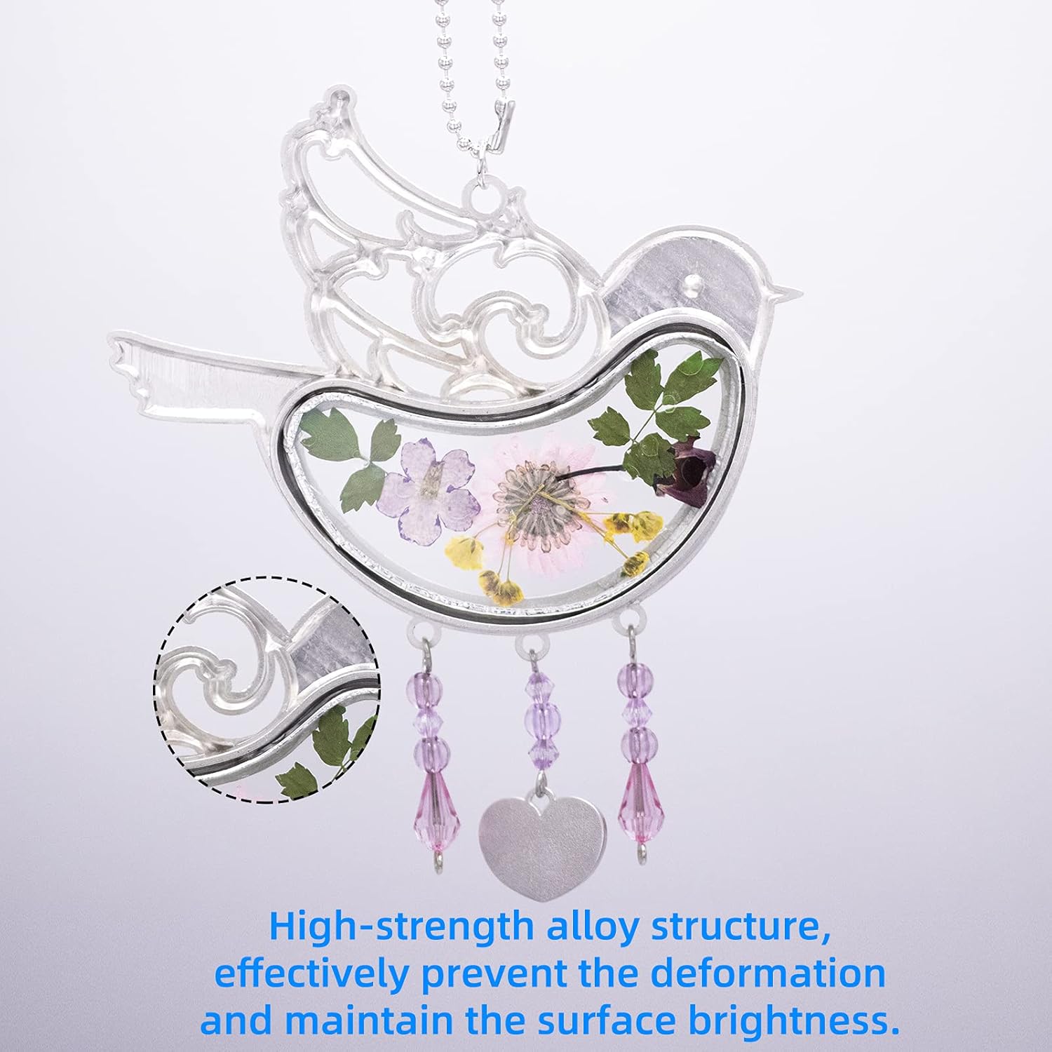 Laraine Bird Suncatcher with Pressed Flower Wings Mather's Day Birdie Glass Wind Chime Ornament Charm with Metal Heart Gifts for Mom Grandma Aunt Birthday (Pink, Mom) - Image 3