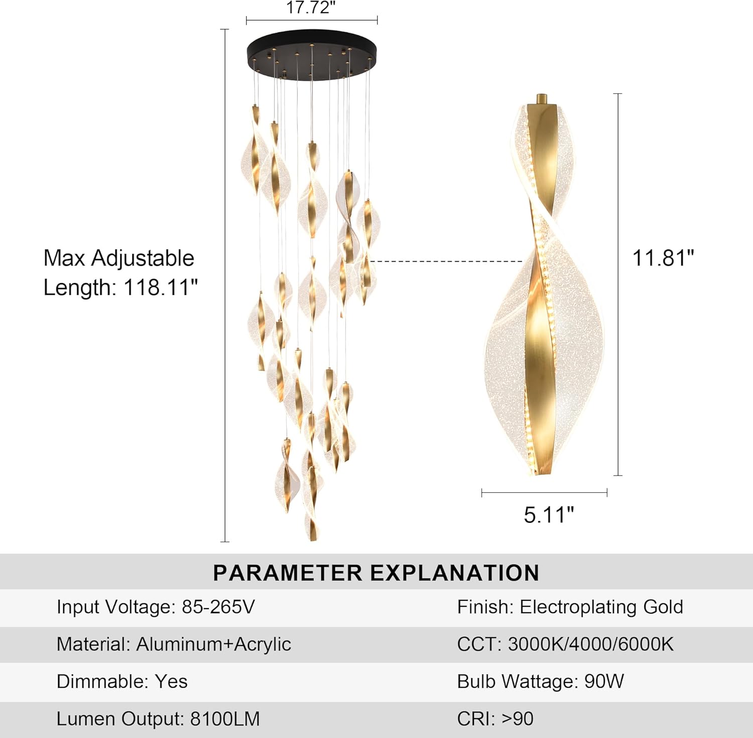 Modern Chandelier for High Ceilings, Gold Spiral Staircase Chandelier with Adjustable Hanging, Dimmable LED Pendant Light with APP & Remote, 3 Color Temperatures for Foyer Entryway Living Room