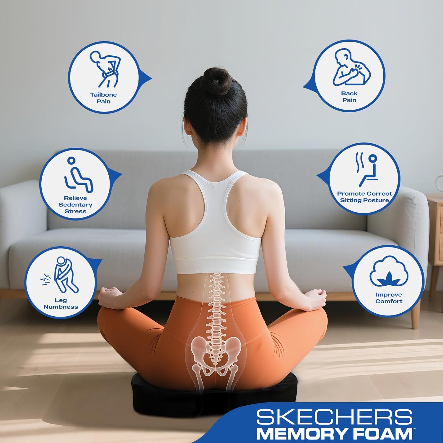 Skechers Seat Cushion, Ergonomic Memory Foam Cushion for Long Sitting Hours on Office & Home Chair, Car Seat Cushion for Sciatica, Coccyx Cushion,Black