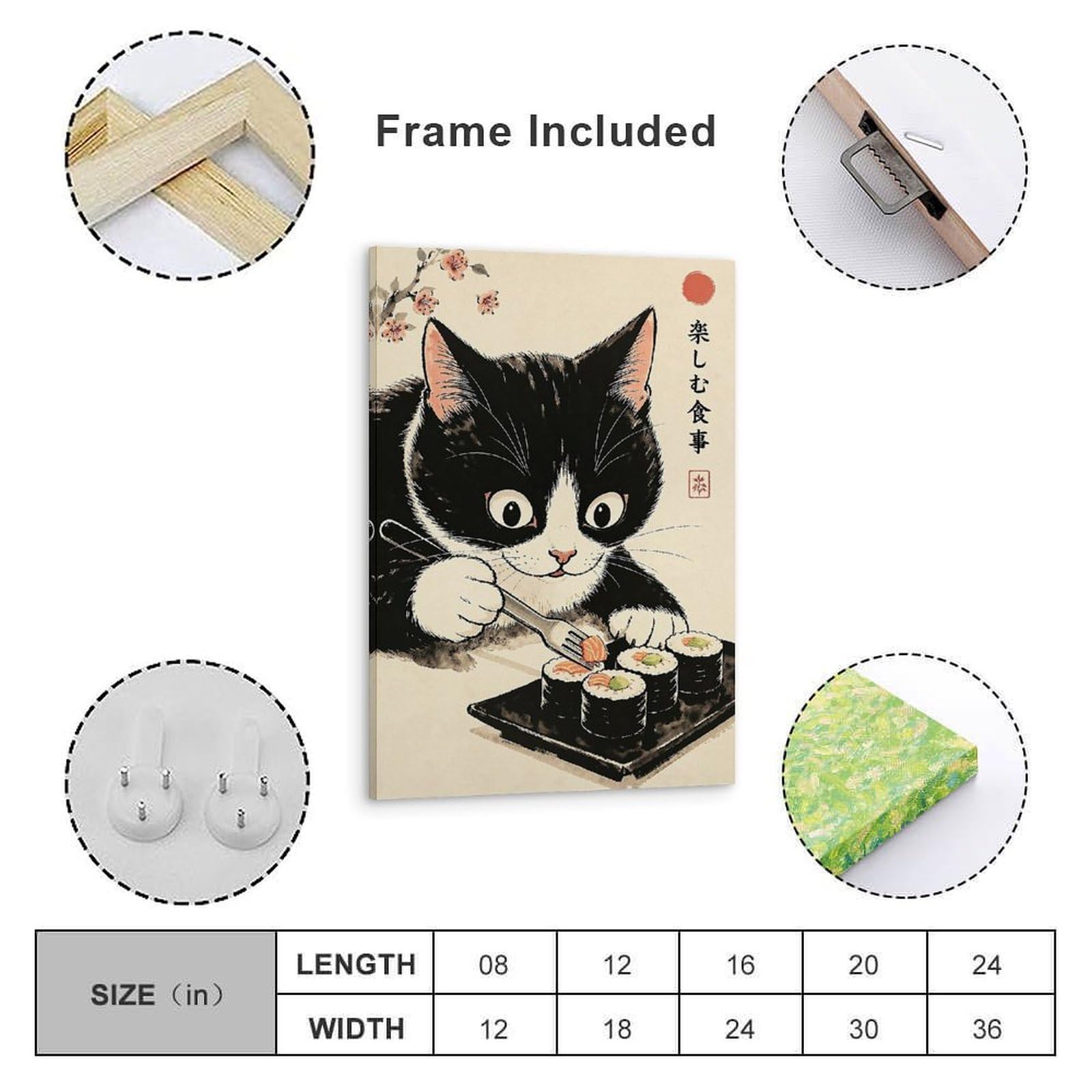 Lienzo decorativo para pared con diseño de gato sushi inspirado en Japón, póster de gato kawaii en blanco y negro, diseño de gatito comiendo sushi para cocina, comedor, decoración para amantes de los