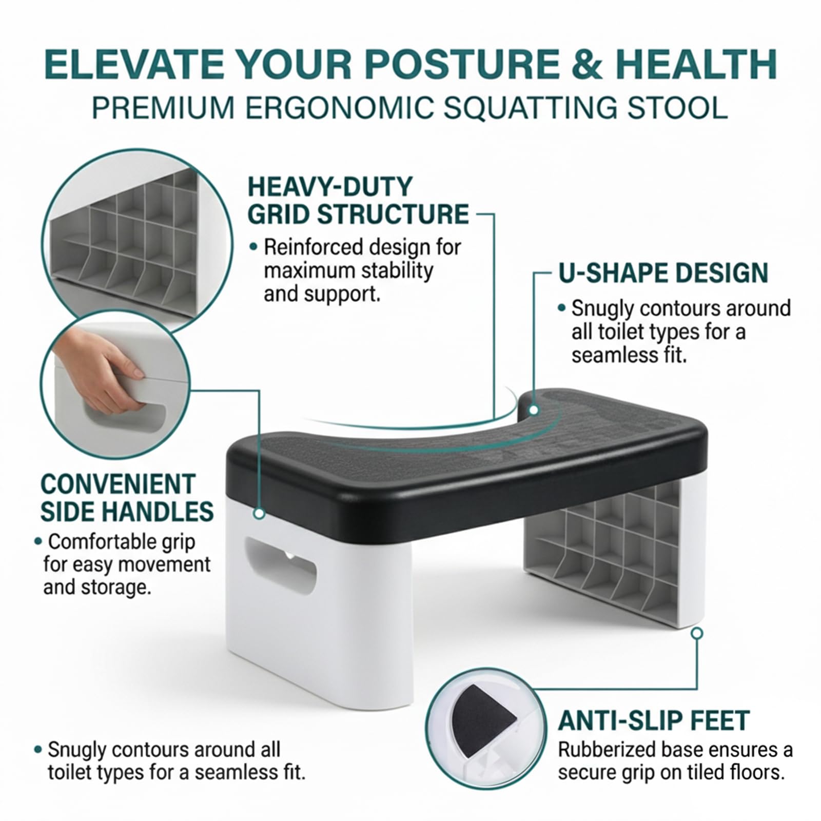Tabouret de toilette antidérapant pour salle de bain, tabouret de toilette pour adultes, personnes âgées, enfants (noir)