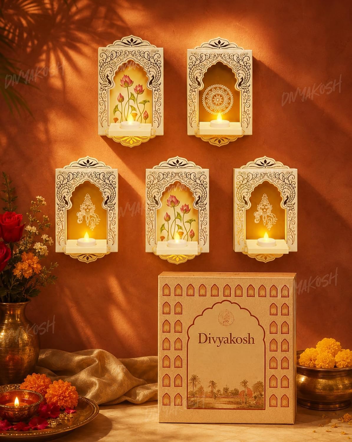 Divyakosh Paper Deep Mandapam (Pack of 6) with LED Candles, Glue Drop | Golden Jharokha Home Decor Item, Ganpati Diwali Decor, Pooja, Diwali Decoration Items-picture-28