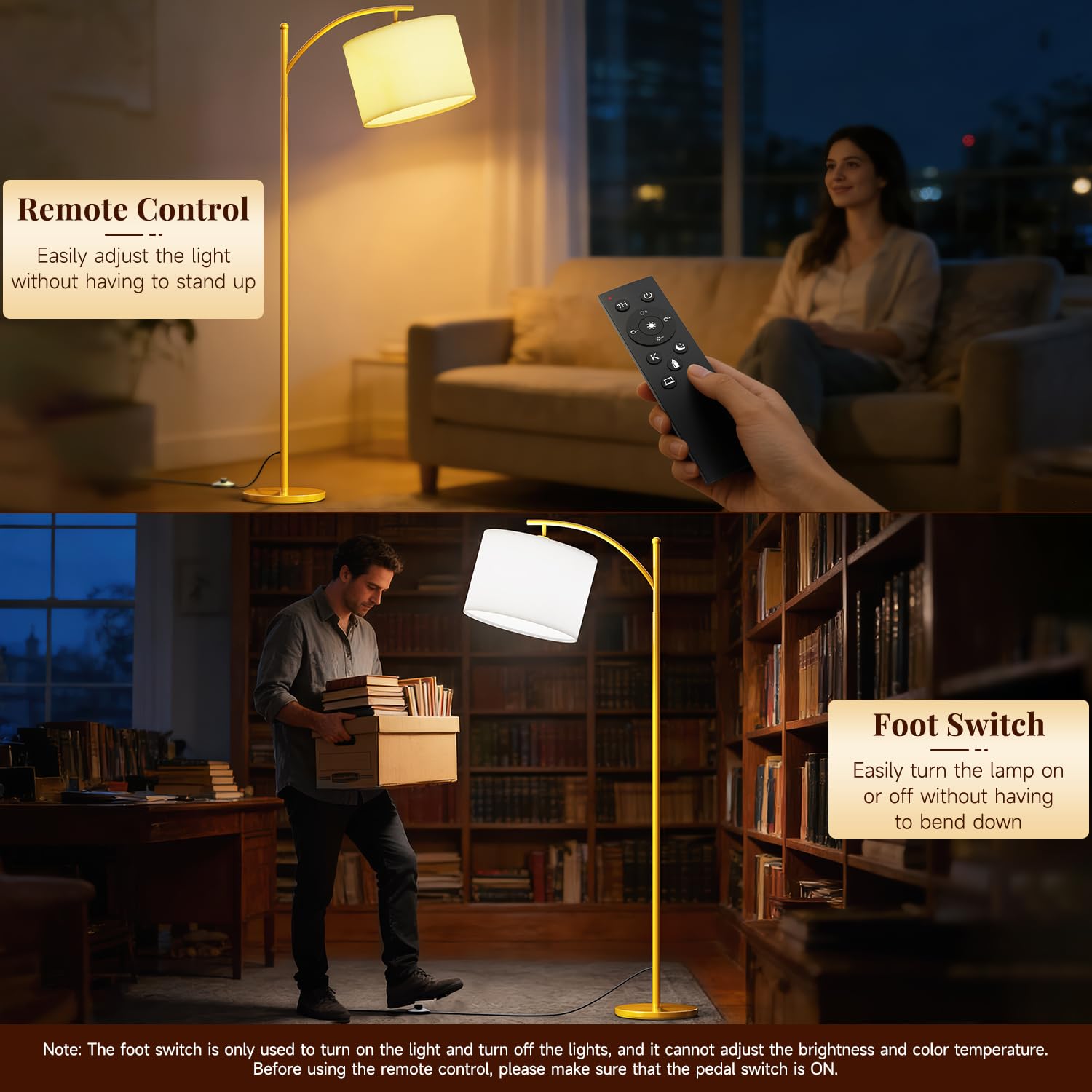 GLUROO Lampadaire Or avec Télécommande,Lampadaire sur Pied Salon avec 3 Couleurs Changeantes,Luminosité Continue,Lampe sur Pied avec Ampoule à Intensité Variable pour Chambre à Coucher,Bureau