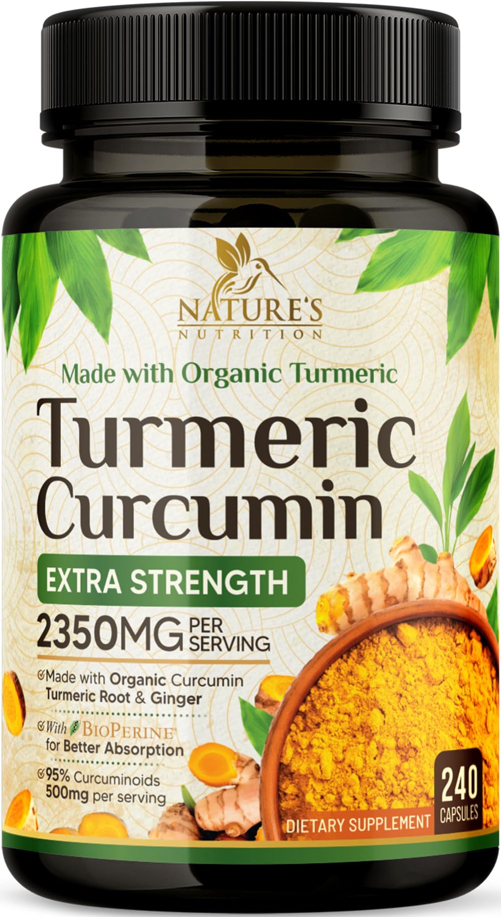 Turmeric Curcumin Supplement 2350mg - 95% Curcuminoids with Organic Turmeric & Ginger, BioPerine Black Pepper for Best Absorption, Nature's Vegan Joint Support, Non-GMO, Bottled in USA - 240 Capsules 240 Count (Pack of 1)