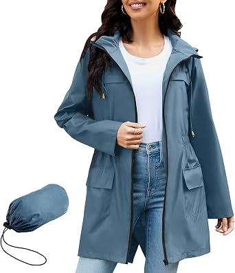 PONCEAU Women Waterproof Jacket - Ladies Lightweight Waterproof Jacket Rain Coats for Women Outdoor Packable Waterproof Jacket with Hood Breathable Functional Windbreaker Raincoat