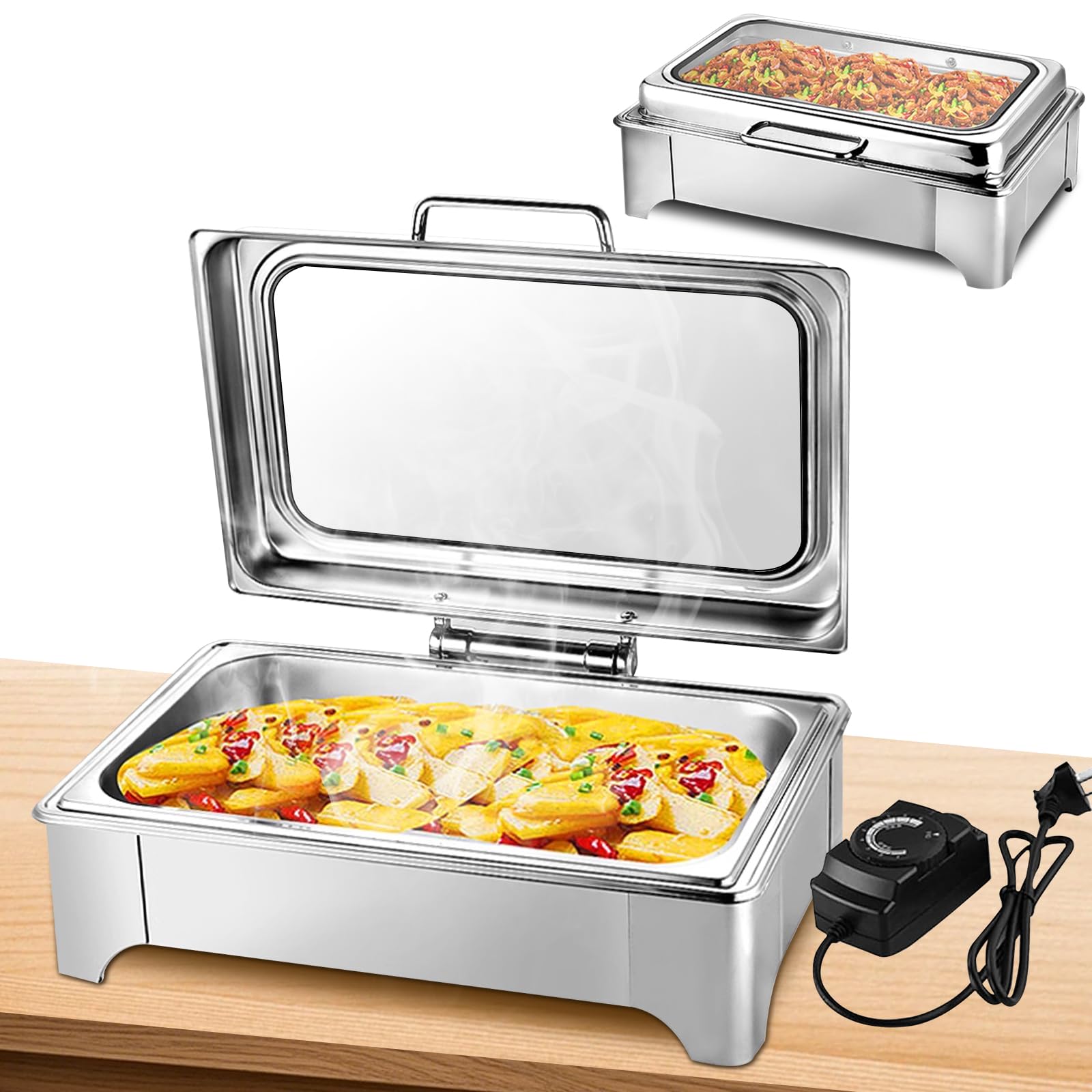 Chafing Dish Elettrico, 9L Scaldavivande Buffet Elettrico, Acciaio Inox Scaldavivande Catering Buffet, Scaldavivande Elettrico Ristorante con Coperchio Trasparente per Catering, Party (1/1)