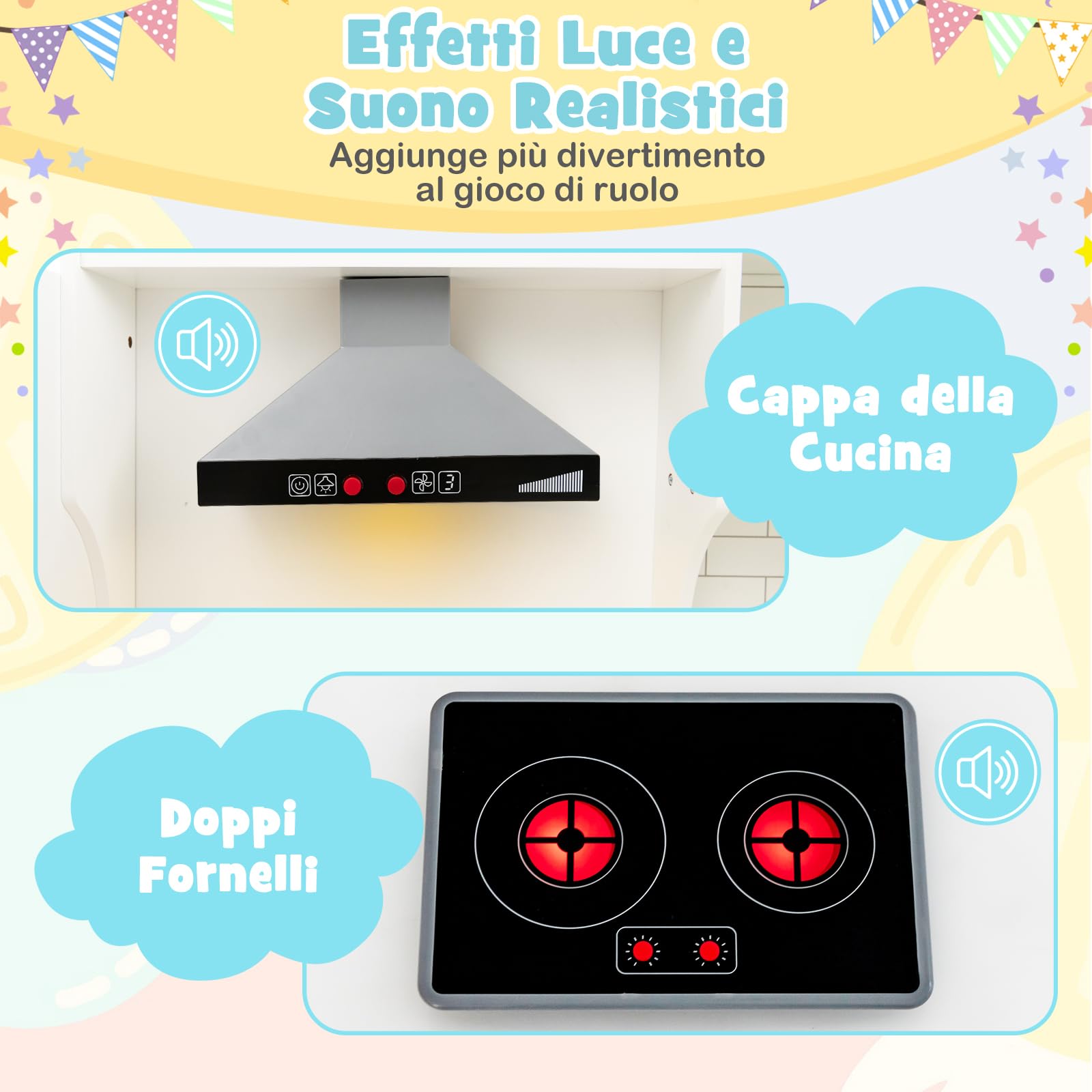 COSTWAY Set Gioco da Cucina per Bambini d'Angolo, Cucina Giocattolo in Legno con Macchina di Ghiaccio, Microonde, Lavatrice e Accessori, con Suoni e Luci, per Bambini 3-10 Anni (Bianco)