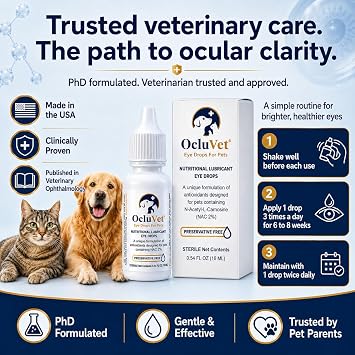 OcluVet Eye Drops for Pets, Antioxidant Eye Care Formula, 16 mL | Made in USA pet eye drops with 2% N-Acetyl-L-Carnosine, developed by a PhD Scientist for dogs, cats, horses and birds