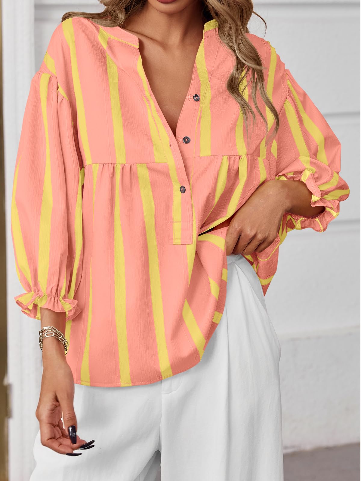 Tankaneo Babydoll da donna con maniche a sbuffo top estivo con scollo a V camicetta a righe carino casual vestibilità ampia camicie fluide