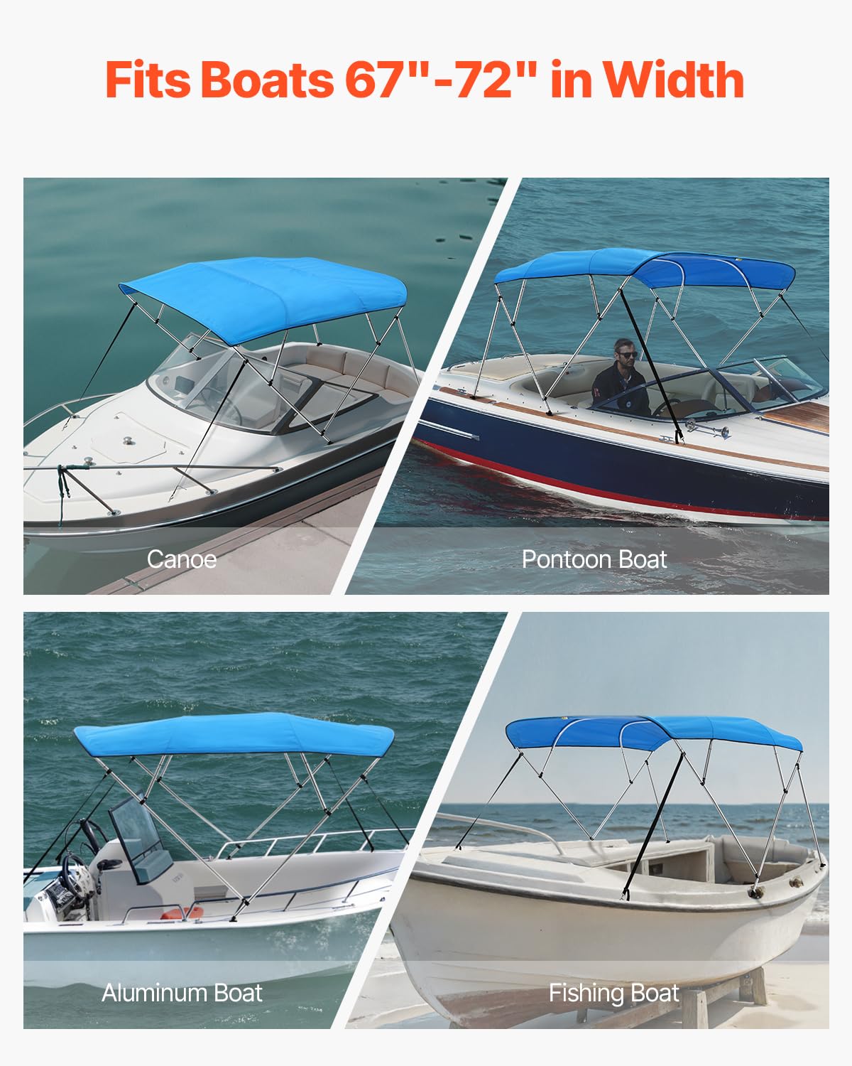 VEVOR Bimini Top Bootsabdeckung Sonnenverdeck (4 Bögen) aus 600D Polyester mit Rahmen aus Aluminiumlegierung, wasserdichte Sonnenschutz-Bootsmarkise mit Aufbewahrungstasche, 170-183 cm (B) Blau