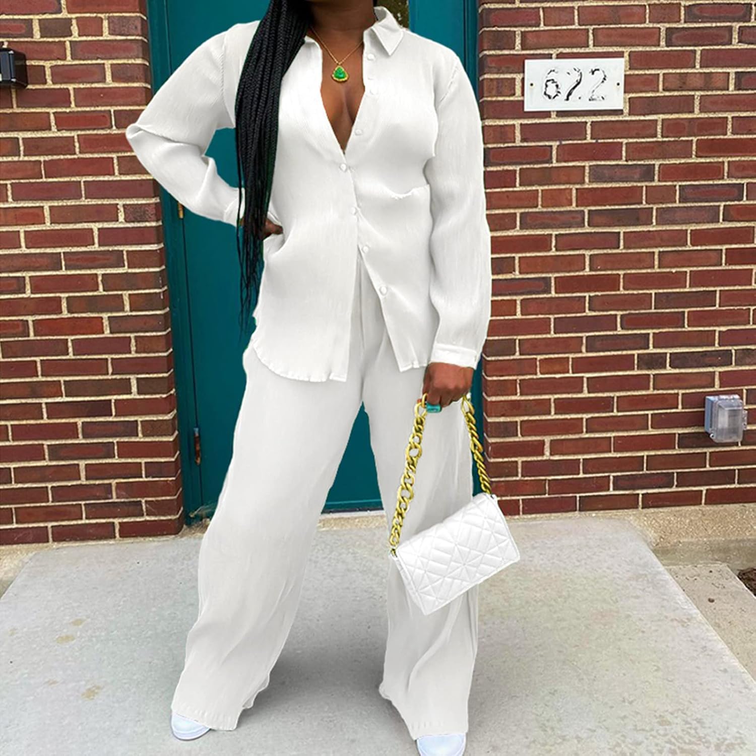 kaimimei Casual 2 Piece Outfit for Women - Linen Long Sleeve Button Down Shirt + Flare Pleated Wide Leg Pants Sets Streetwear - Image 6