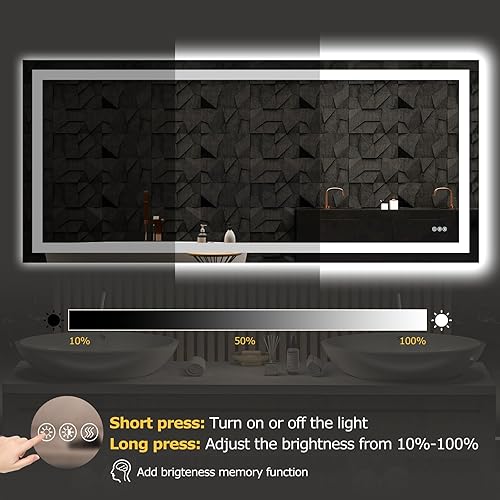 Miniatura 7 de Espejo de baño LED de 72 x 32 pulgadas con luces, antiniebla, regulable, retroiluminado + luz frontal, espejo inteligente de tocador de baño,