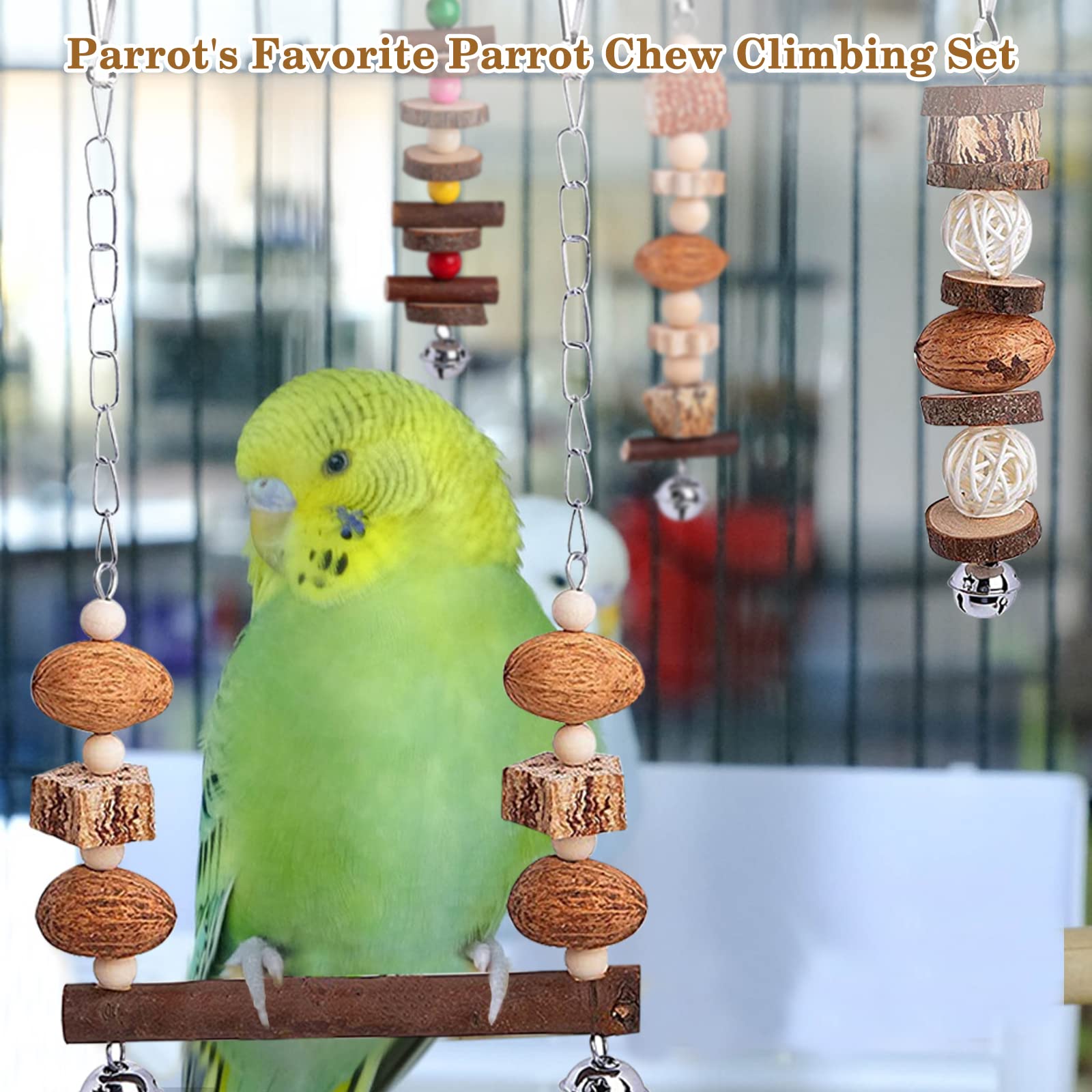 Giocattolo Masticabile Per Pappagalli MQUPIN - Blocchi Di Legno Colorati Con Catena | Per Uccelli Grandi - Foto 8