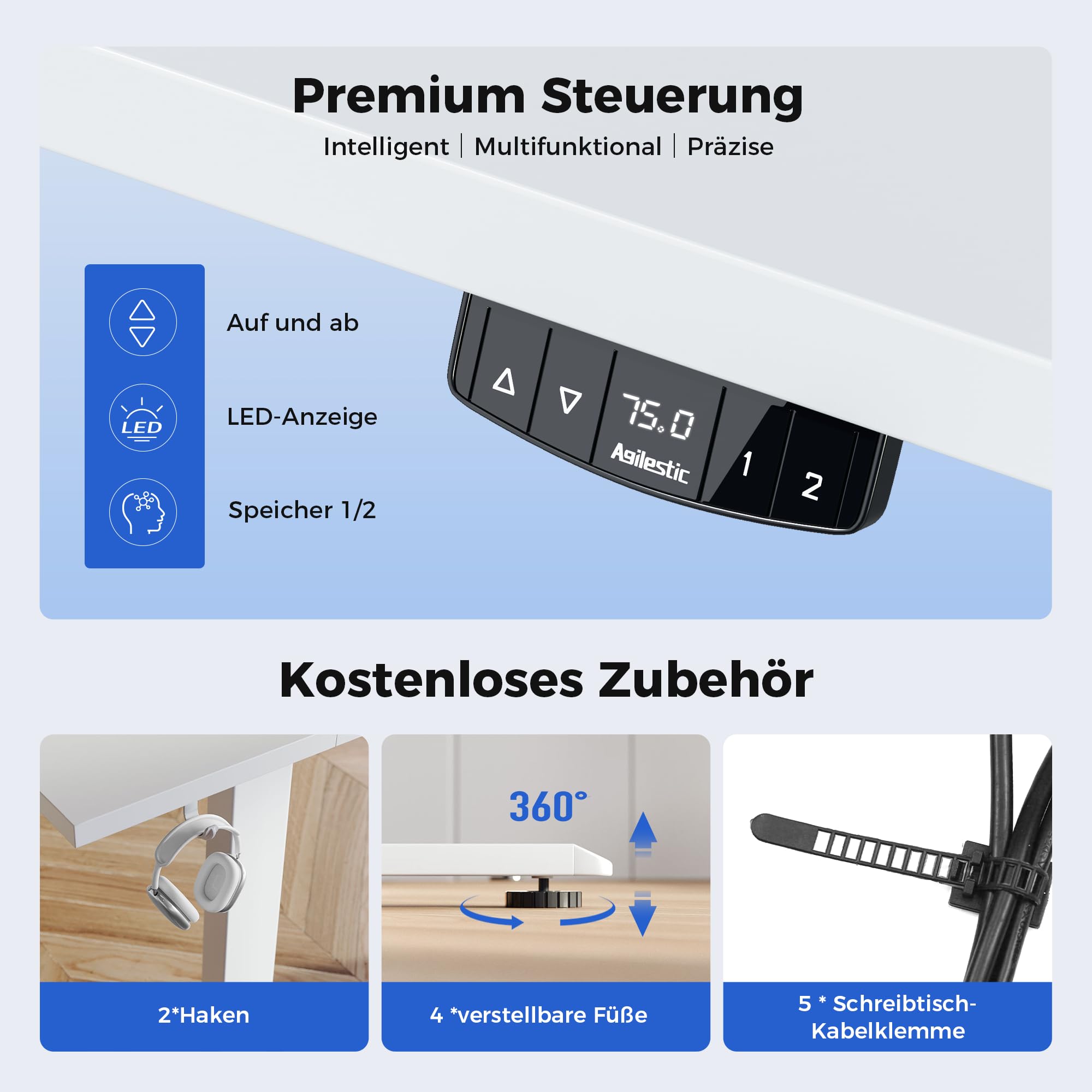 Agilestic Höhenverstellbarer Schreibtisch 100 x 60 cm Elektrisch mit Memory-Handsteuerung Weiß