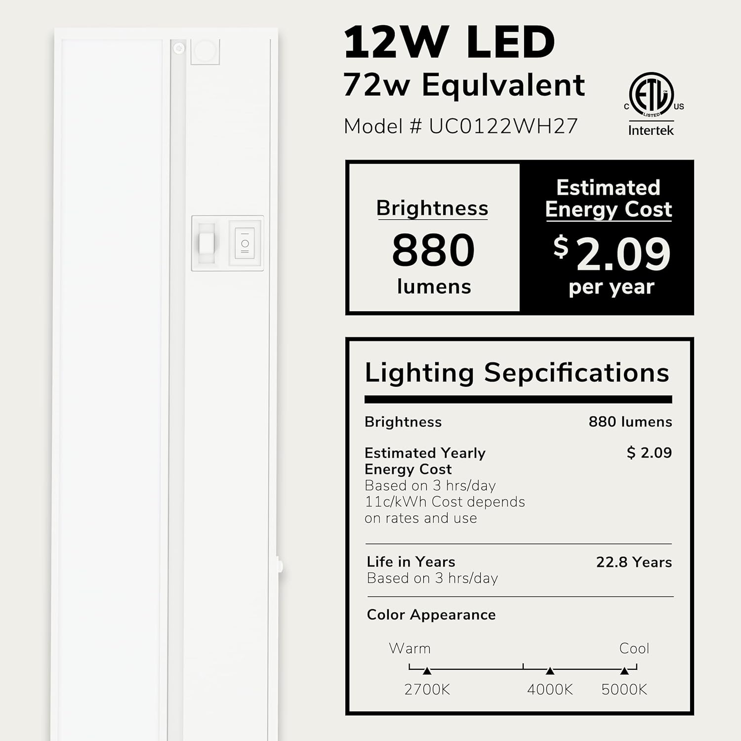 LAGOM Halo Under Cabinet Light, 22‑Inch Hardwired Dimmable LED, 2700K/4000K/5000K, Power Cord Sold Separately, White, UC0122WH27