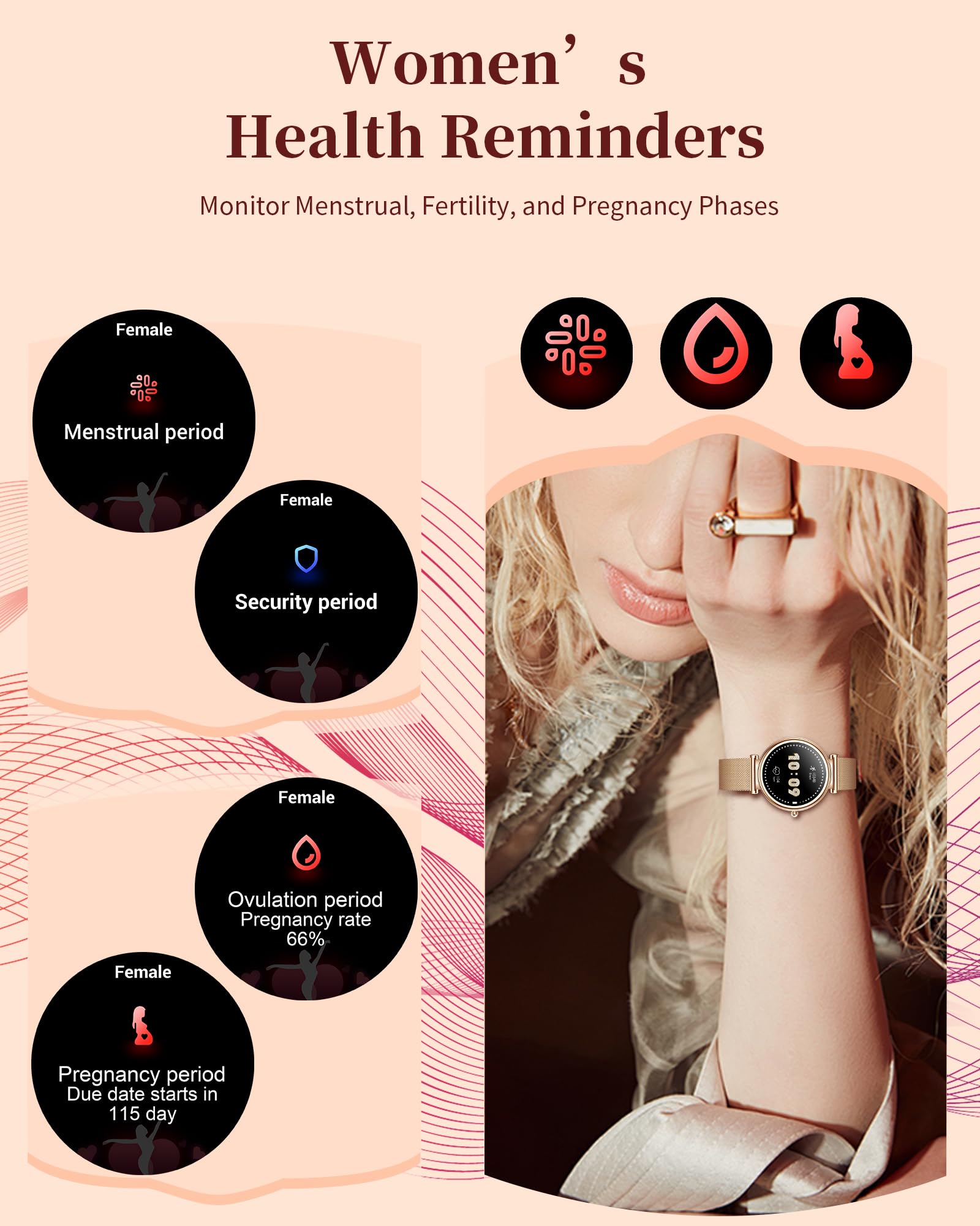 Reloj Inteligente para Mujer, Pantalla Táctil HD de 1,3 Pulgadas IP68 Resistente al Agua, Deportivo Smartwatch con Monitor de Ritmo Cardíaco, Podómetro, Oxímetro para Android iOS, Regalo