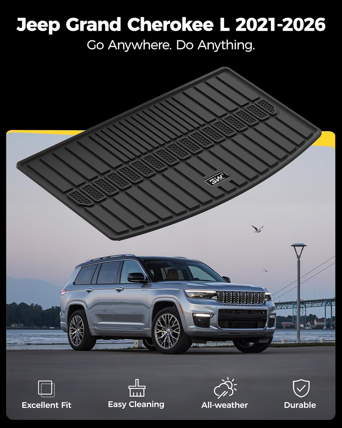 3W Cargo Liner Compatible for Jeep Grand Cherokee L 2021-2025 2026 All Weather Custom Fit TPE Cargo Tray Heavy Duty Trunk Mats, Black 1.Grand Cherokee L Cargo Liner