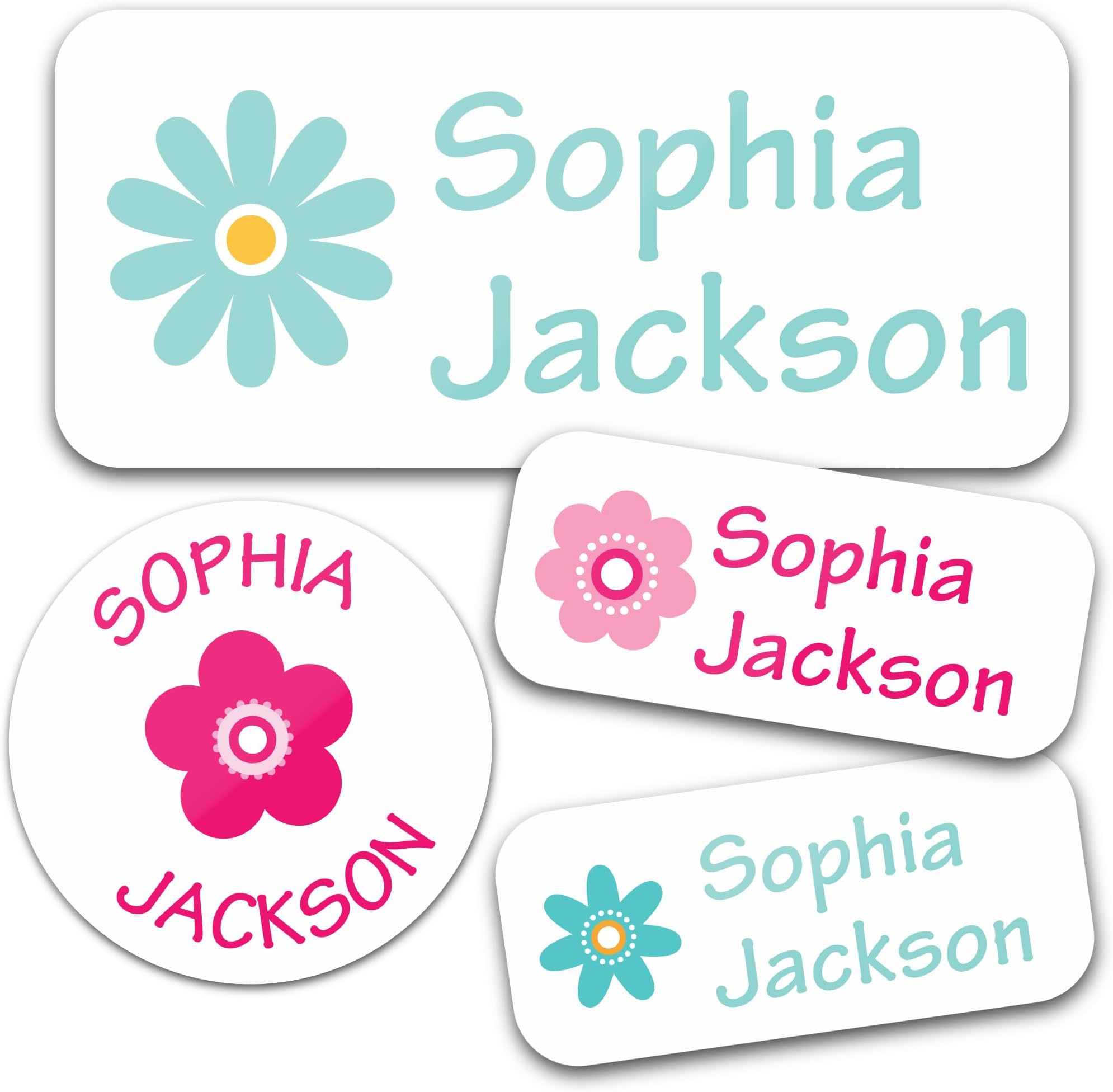Personalized Daycare Name Labels for Kids (130 Labels) - Custom Waterproof Name Stickers for Clothing Tags, Water Bottles, Lunch Boxes and School Supplies (Flowers)