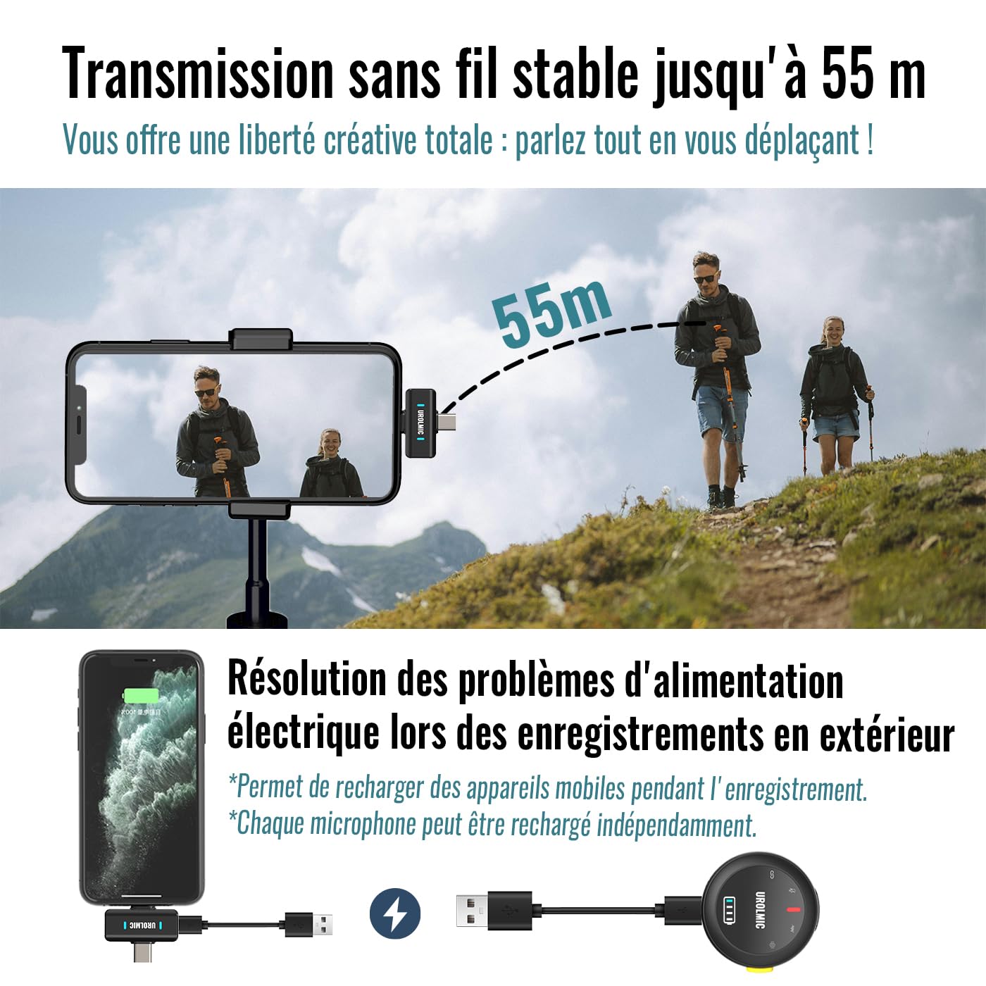 Micro Cravate Sans Fil 2-en-1 Compatible iPhone Android, Autonomie 40h, Portée 55m, Réduction du Bruit, Fixation Magnétique, pour Enregistrement Podcast